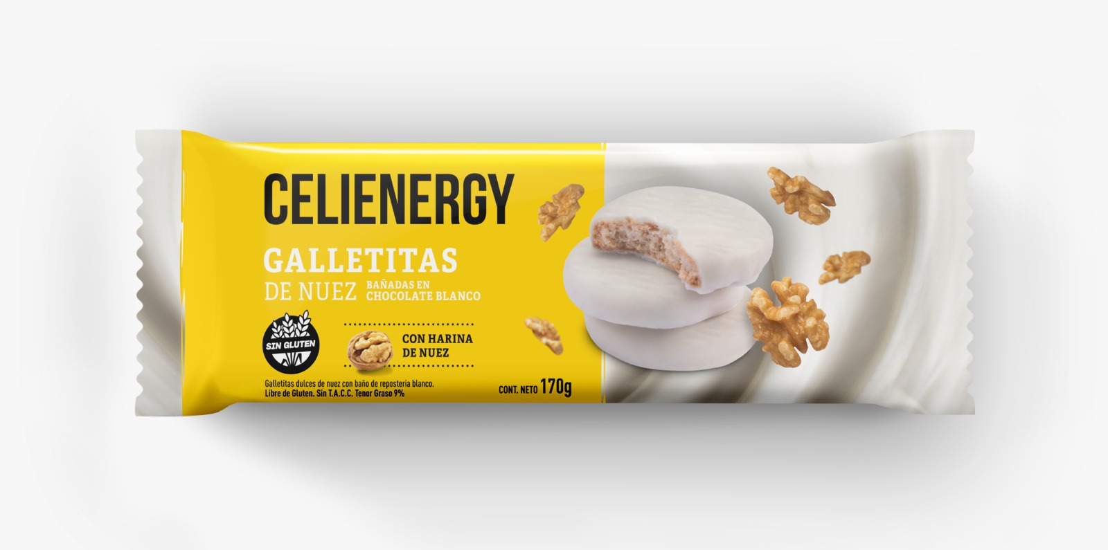 CELIENERGY SIN GLUTEN GALLETITAS CHOC BLANCO Y NUEZ 170 G - Caja x 15u